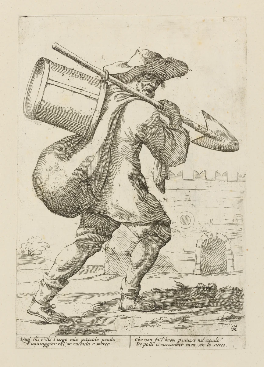Vendor of Chicken Dung, from Di Bologna l'Arti per via D'An.ibal' Ca.rac, plate 30 by Giuseppe Maria Mitelli, print, 1660