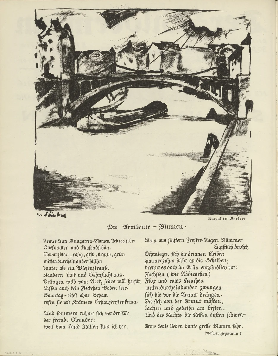Canal in Berlin (Kanal in Berlin) (plate, folio 4 verso) from the periodical Der Bildermann, vol. 1, no. 2 (April 1916) by Willy Jaeckel, periodical, 1916