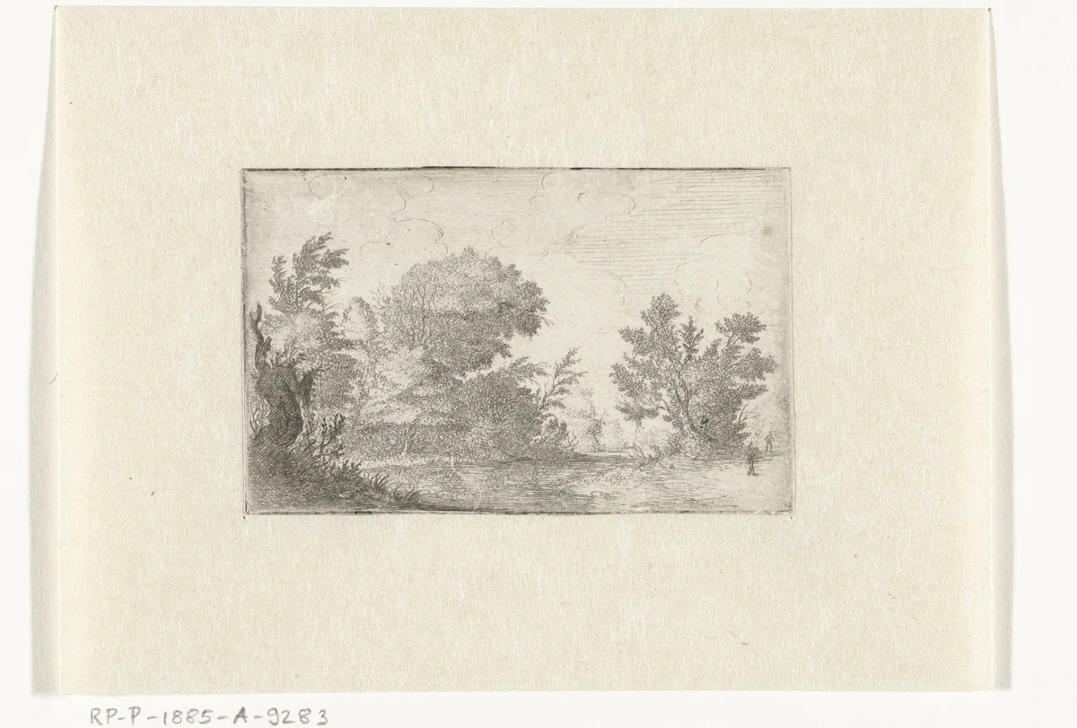Landschap met een dode boom en een man by Willem Basse, print, 1633-1672