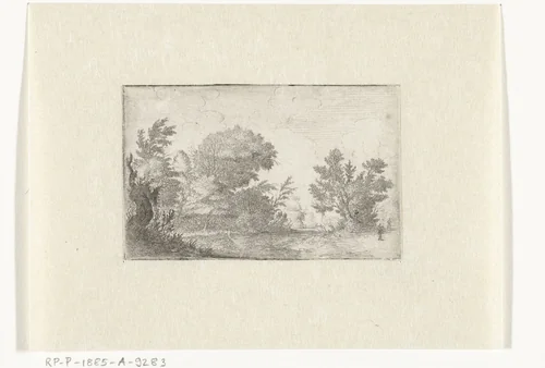 Landschap met een dode boom en een man by Willem Basse, print, 1633-1672