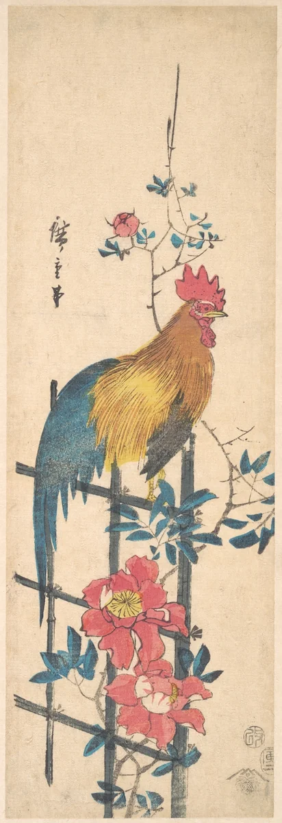 Peony and Cock by Utagawa Hiroshige (歌川広重), print, 1854