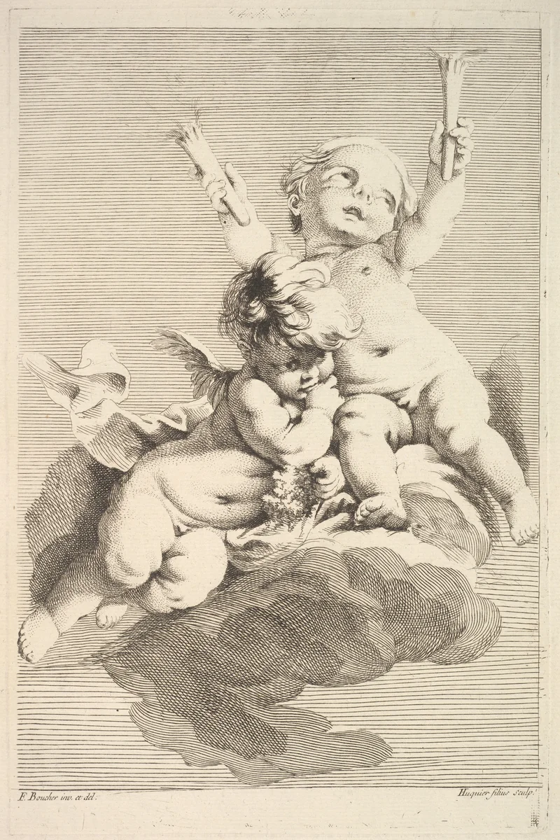 Two Cupids, One Holding Torches by Jacques Gabriel Huquier, print, 1745-1800
