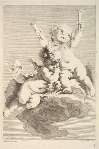 Two Cupids, One Holding Torches by Jacques Gabriel Huquier, print, 1745-1800