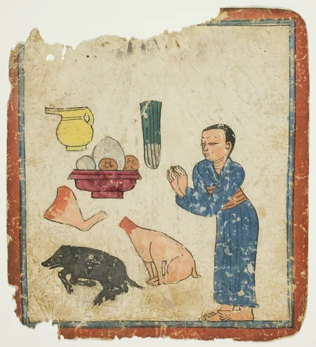 Presentation of Offerings, from a Set of Initiation Cards (Tsakali) by Southern Tibet, drawing, 1301-1500