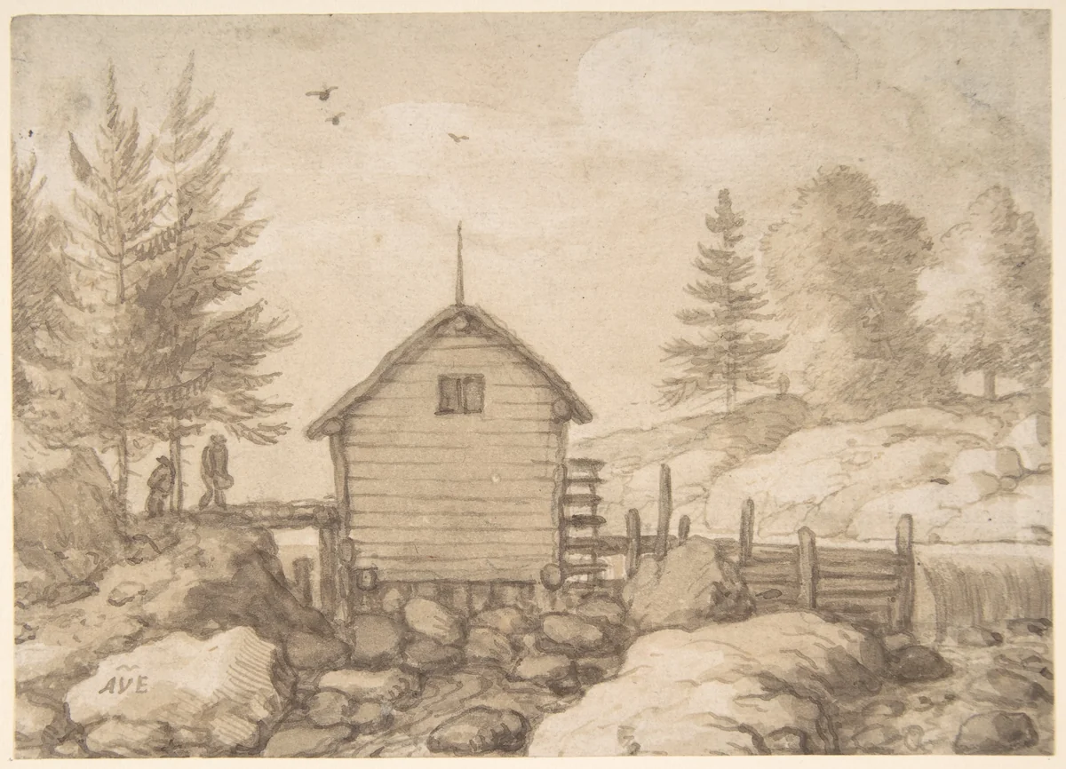 A Mill on Rocks in a River in Norway by Allart van Everdingen, drawing, 1635-1675