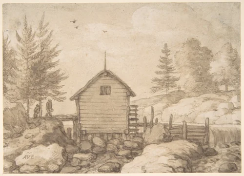 A Mill on Rocks in a River in Norway by Allart van Everdingen, drawing, 1635-1675