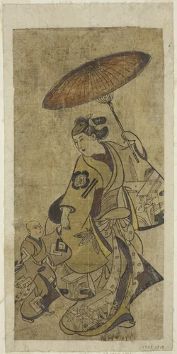 The Actors Matsumoto Hyozo as a woman holding an umbrella and Nakamura Shichisaburo I as a young boy by Torii Kiyonobu I (鳥居 清信), print, 1695-1705