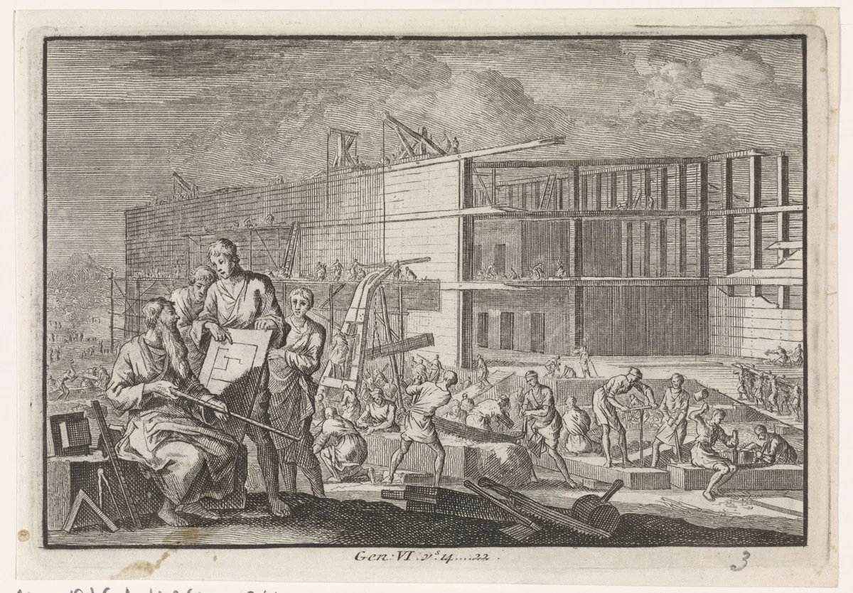 Bouw van de ark van Noach by Jan Luyken, print, 1703-1762