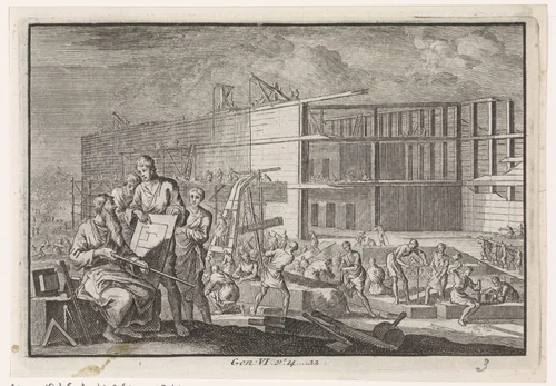 Bouw van de ark van Noach by Jan Luyken, print, 1703-1762