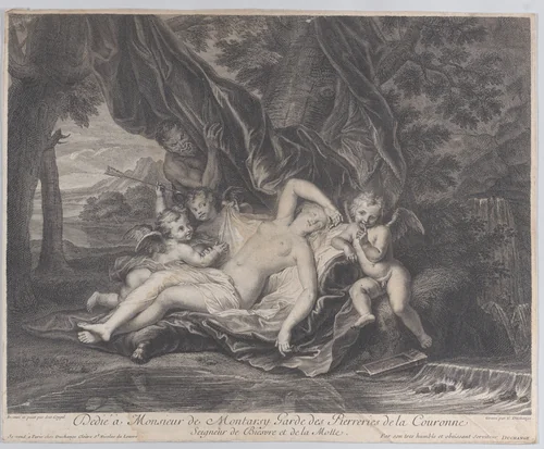 Woman looking at a portrait of her lover by Louis Surugue, print, 1747