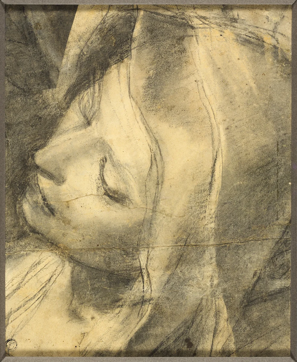 Head of the Swooning Virgin: Study for the Deposition (recot) Base of Column (verso) by Federico Barocci, drawing, 1568-1569