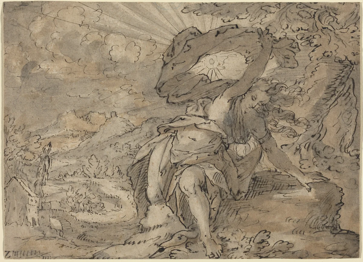 Allegorical Female Figure in a Landscape [recto] by German 17th Century, drawing, 1600