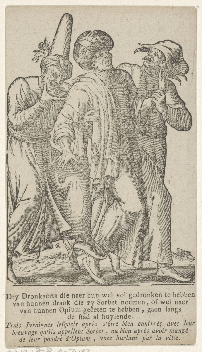 Drie dronkaards in Oosterse kleding by Antoni van Leest, print, 1576