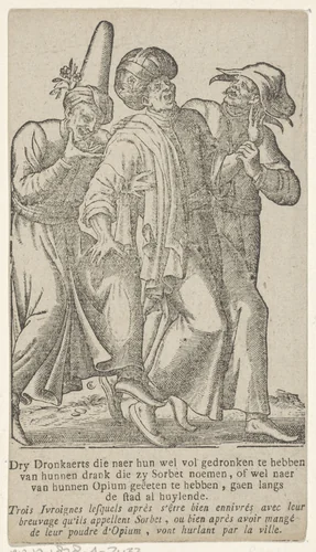 Drie dronkaards in Oosterse kleding by Antoni van Leest, print, 1576