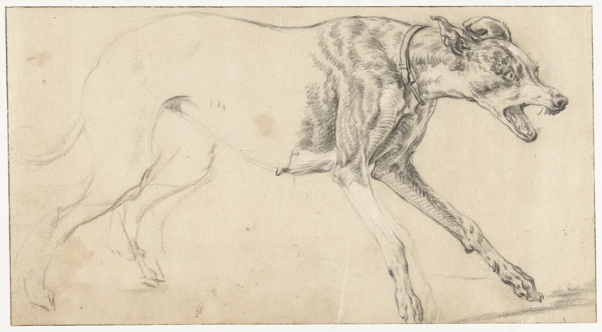Hond in snelle loop by Ludolf de Jongh, drawing, 1626-1679