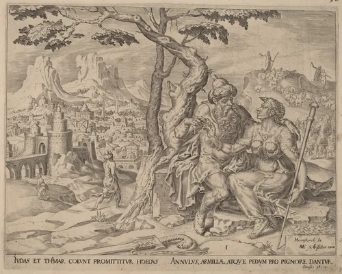 Judah Giving Tamar the Pledge by Herman Jansz Muller; Maerten van Heemskerck, print, 1566