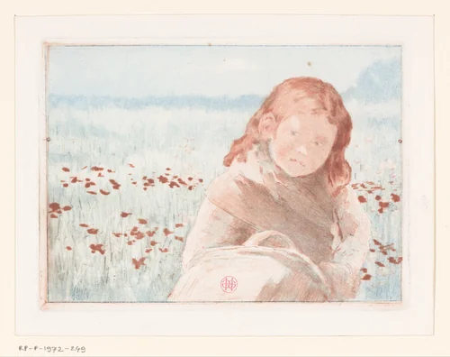 Meisje met mand in een bloemenweide by Henri Charles Guérard, print, 1856-1897