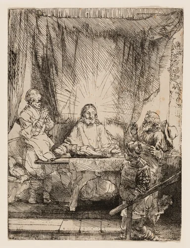 Christ at Emmaus: The Larger Plate by Rembrandt van Rijn, print, 1654