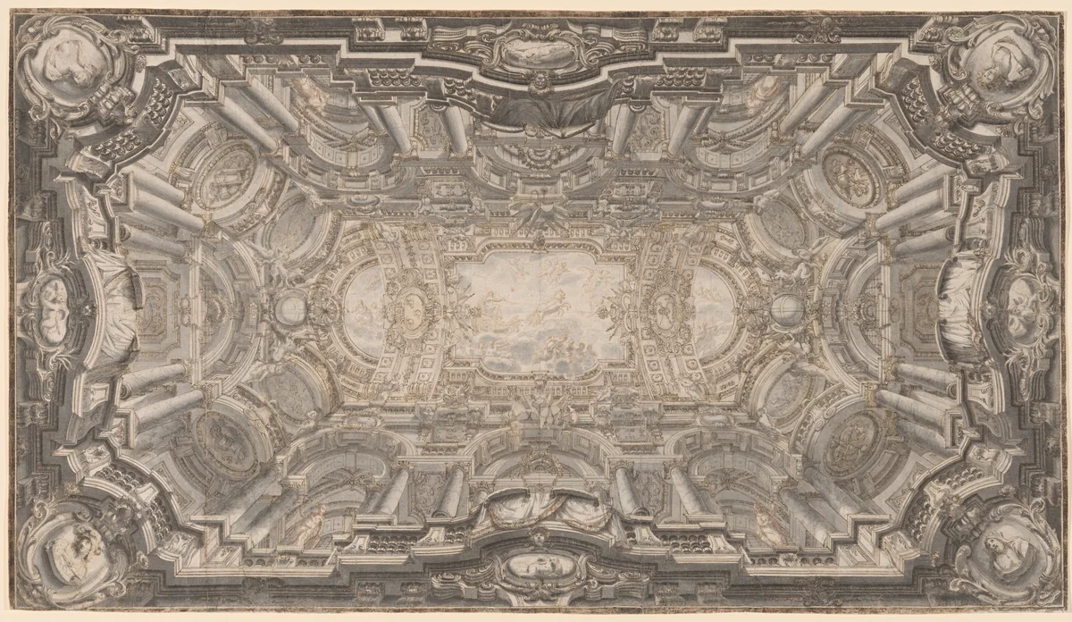 A Grand Illusionistic Ceiling by Ferdinando Galli Bibiena, drawing, 1720-1740