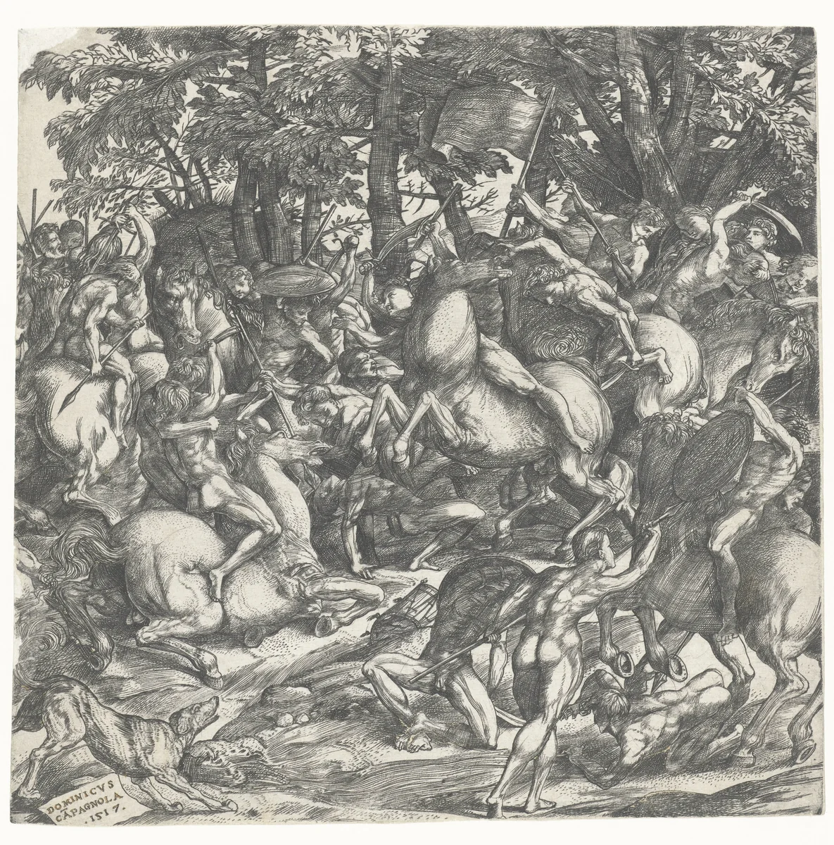 Naakte mannen met speren op paarden in gevecht by Unknown, print, 1517