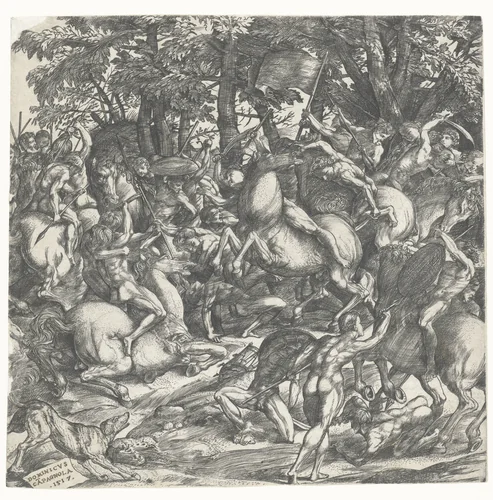Naakte mannen met speren op paarden in gevecht by Unknown, print, 1517