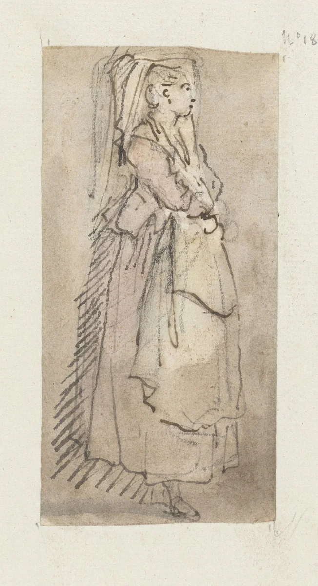 Staande jonge vrouw met een kap op het hoofd by Hubert Robert, drawing, 1754-1808