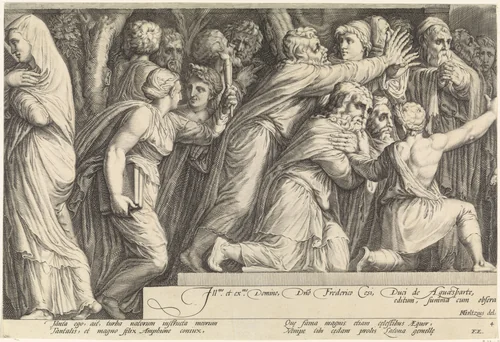 Fries met de bestraffing van Niobe (plaat 4) by Jan Saenredam, print, 1594