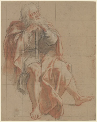 Seated Old Man Holding a Staff by Antoine Coypel, drawing, 1670-1725
