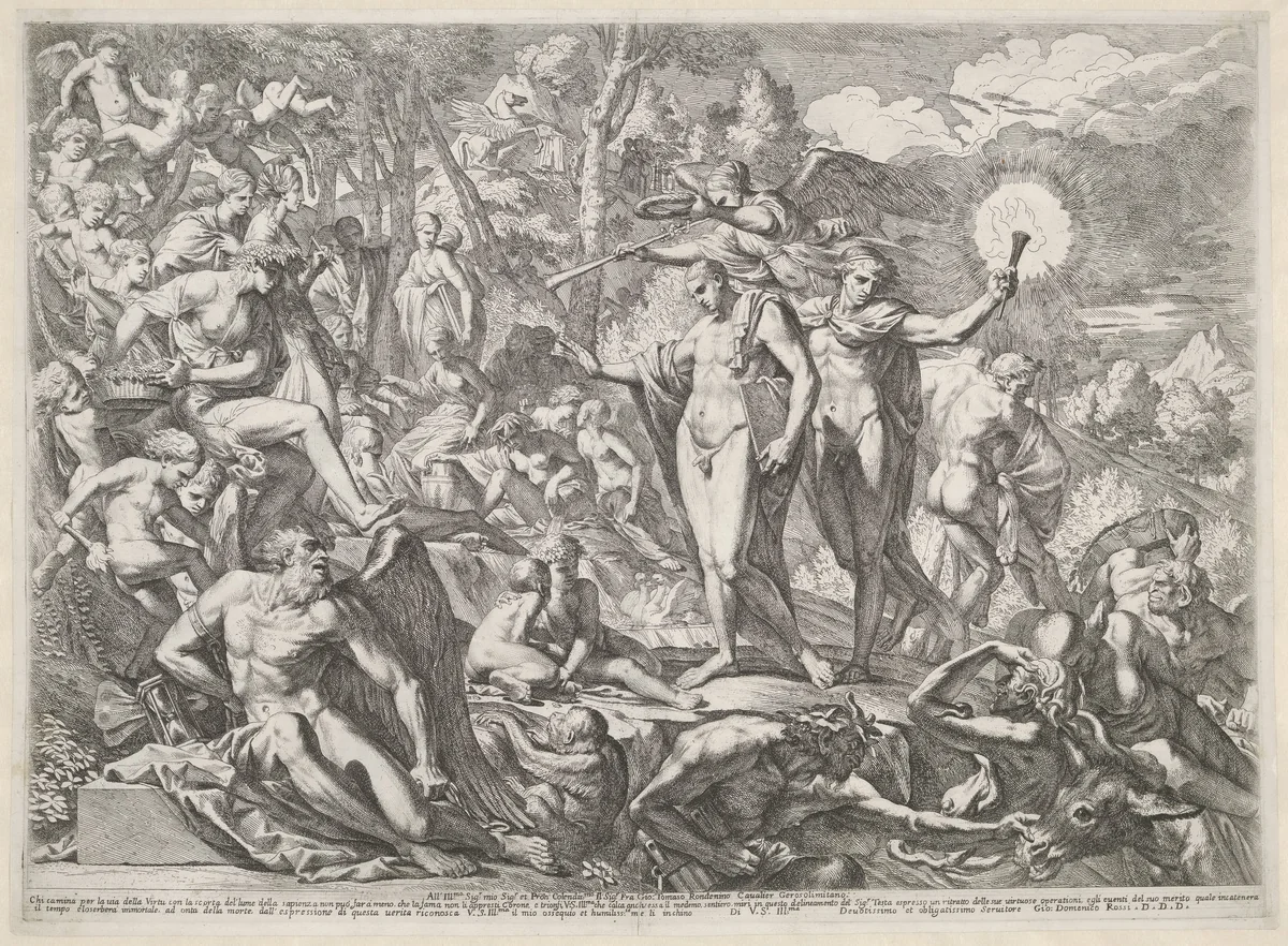 Jongeman arriveert op de Parnassus langs de weg van de Deugd by Pietro Testa, print, 1621-1650