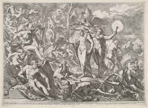 Jongeman arriveert op de Parnassus langs de weg van de Deugd by Pietro Testa, print, 1621-1650