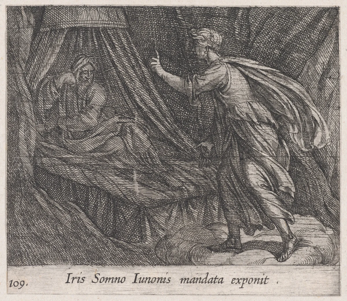 Plate 109: Iris Giving Sleep Juno's Command (Iris Somno Iunonis mandata exponit), from Ovid's 'Metamorphoses' by Antonio Tempesta, print, 1606