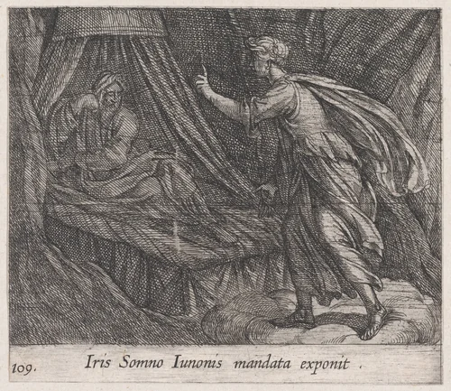 Plate 109: Iris Giving Sleep Juno's Command (Iris Somno Iunonis mandata exponit), from Ovid's 'Metamorphoses' by Antonio Tempesta, print, 1606