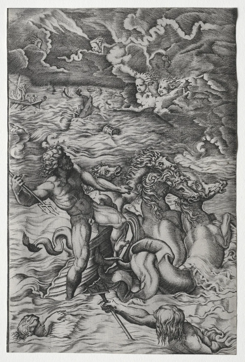 Neptune Calming the Tempest That Aeolus Raised Against Aeneas's Fleet by Marcantonio Raimondi, print, 1510-1521