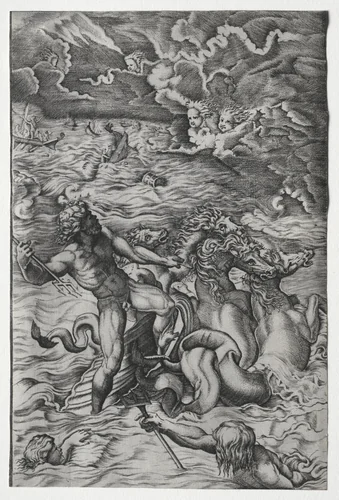 Neptune Calming the Tempest That Aeolus Raised Against Aeneas's Fleet by Marcantonio Raimondi, print, 1510-1521