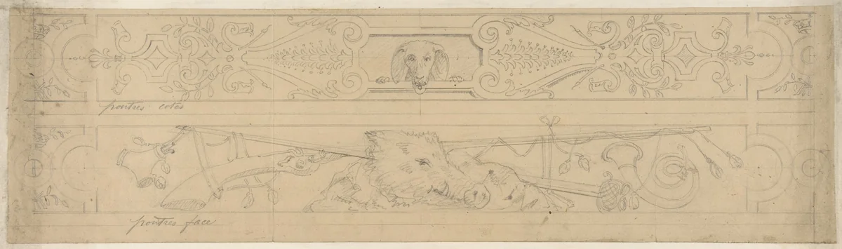 Two designs for panels to decorate a hunting lodge by Jules-Edmond-Charles Lachaise, drawing, 1830-1897