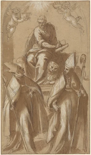 Saint Mark with Two Bishops and Putti by Jacopo Palma il Giovane, drawing, 1580