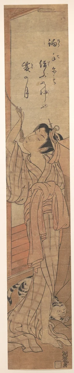 Young Lady Toying with the Tassel of Her Bed–net while a Cat Plays at Her Feet by Isoda Koryūsai, print, 1770-1790