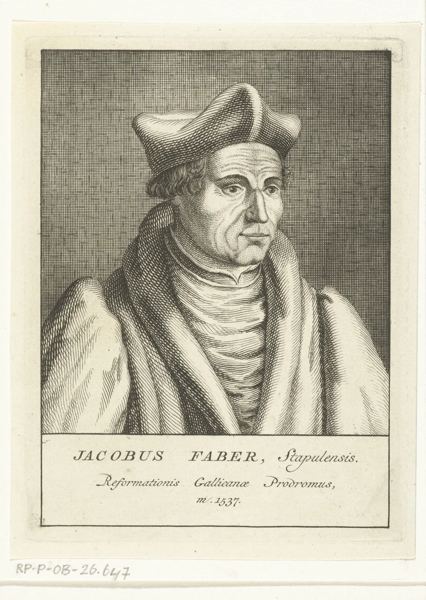 Portret van theoloog en humanist Jacques Lefèvre d'Étaples by François van Bleyswijck, print, 1681-1746