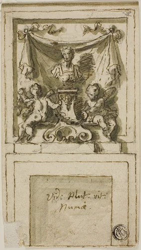 Design for the Overmantel of a Chimneypiece with Bust of Pompilius Numa by James Thornhill, drawing, 1695-1734