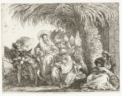Heilige familie onder een palmboom by Giovanni Domenico Tiepolo, print, 1750-1753