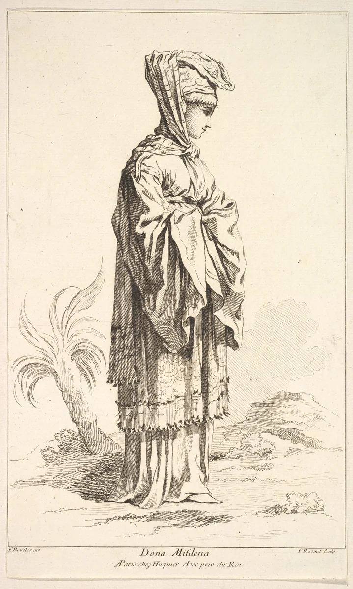 Dona Mitilena, plate 3 from "Recueil de diverses fig.res étrangeres Inventées par F. Boucher P.tre du Roy et Gravées par F. Ravenet" (Collection of Various Foreign Figures, Devised by F. Boucher, Painter of the King and Engraved [etched] by F. Ravenet) by Simon Ravenet, print, 1721-1774