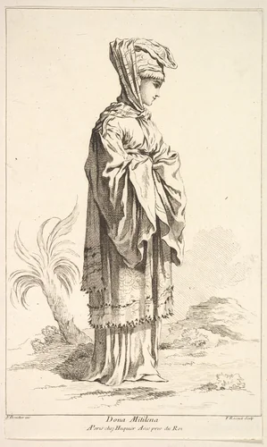 Dona Mitilena, plate 3 from "Recueil de diverses fig.res étrangeres Inventées par F. Boucher P.tre du Roy et Gravées par F. Ravenet" (Collection of Various Foreign Figures, Devised by F. Boucher, Painter of the King and Engraved [etched] by F. Ravenet) by Simon Ravenet, print, 1721-1774