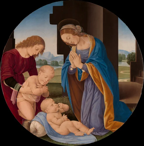 Madonna Adoring the Child with the Infant Saint John the Baptist and an Angel by Lorenzo di Credi, painting, 1490