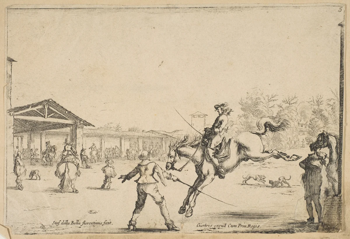A riding school, a horseman with sword jumping directed by another man with a sword in center, a man standing next to his horse to right, various horsemen, the school, and two dogs in the background, from 'Varie figure' by Stefano della Bella, print, 1640-1650