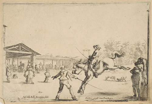 A riding school, a horseman with sword jumping directed by another man with a sword in center, a man standing next to his horse to right, various horsemen, the school, and two dogs in the background, from 'Varie figure' by Stefano della Bella, print, 1640-1650