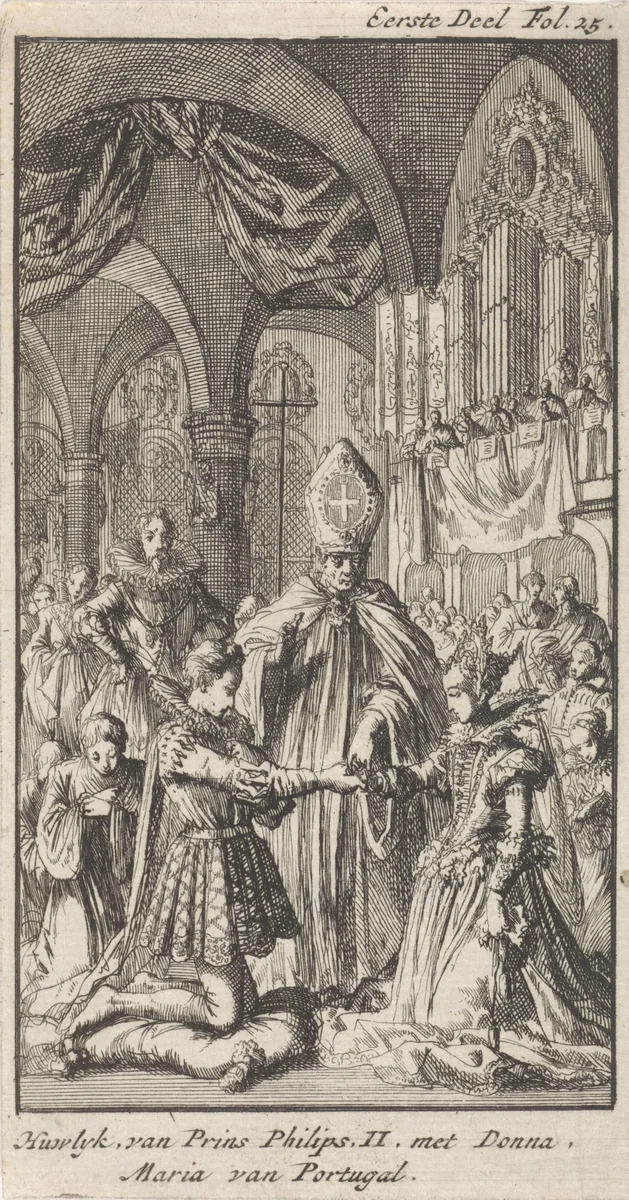 Huwelijk tussen kroonprins Filips en Maria van Portugal, 1543 by Jan Luyken, print, 1699