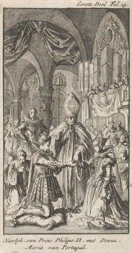 Huwelijk tussen kroonprins Filips en Maria van Portugal, 1543 by Jan Luyken, print, 1699