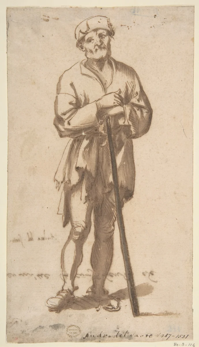 Standing Old Man in Frontal View Leaning On a Staff by anonymous, drawing, 1600-1700