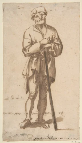 Standing Old Man in Frontal View Leaning On a Staff by anonymous, drawing, 1600-1700