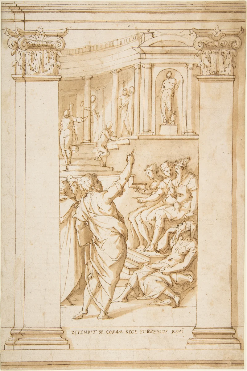 Saint Paul Speaking before King Agrippa (Acts 26) by Giorgio Vasari, drawing, 1573